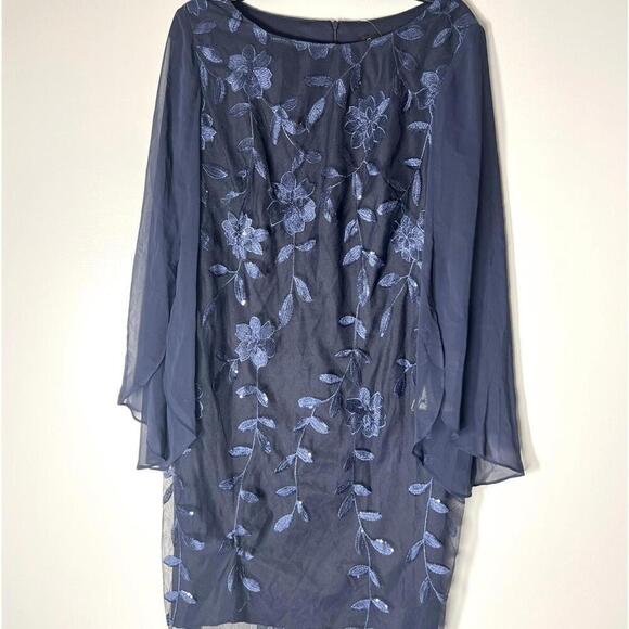 CONNECTED APPAREL Womens Navy Sequined Floral Long Sleeve Scoop Neck Dress - Picture 9 of 10